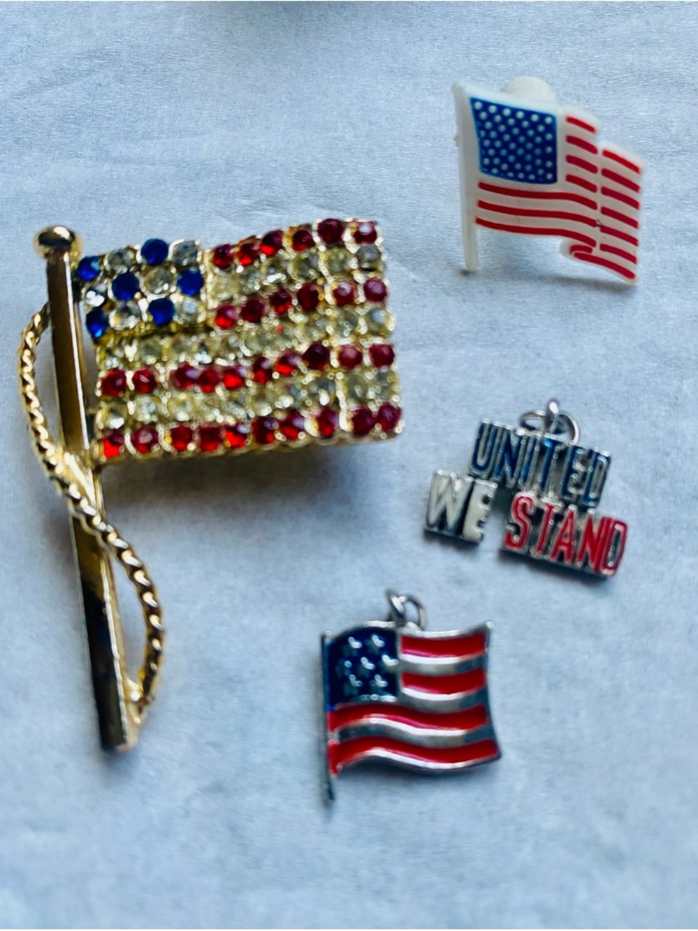 Patriotic Rhinestone American Flag Pin and Charms - Red, White & Blue